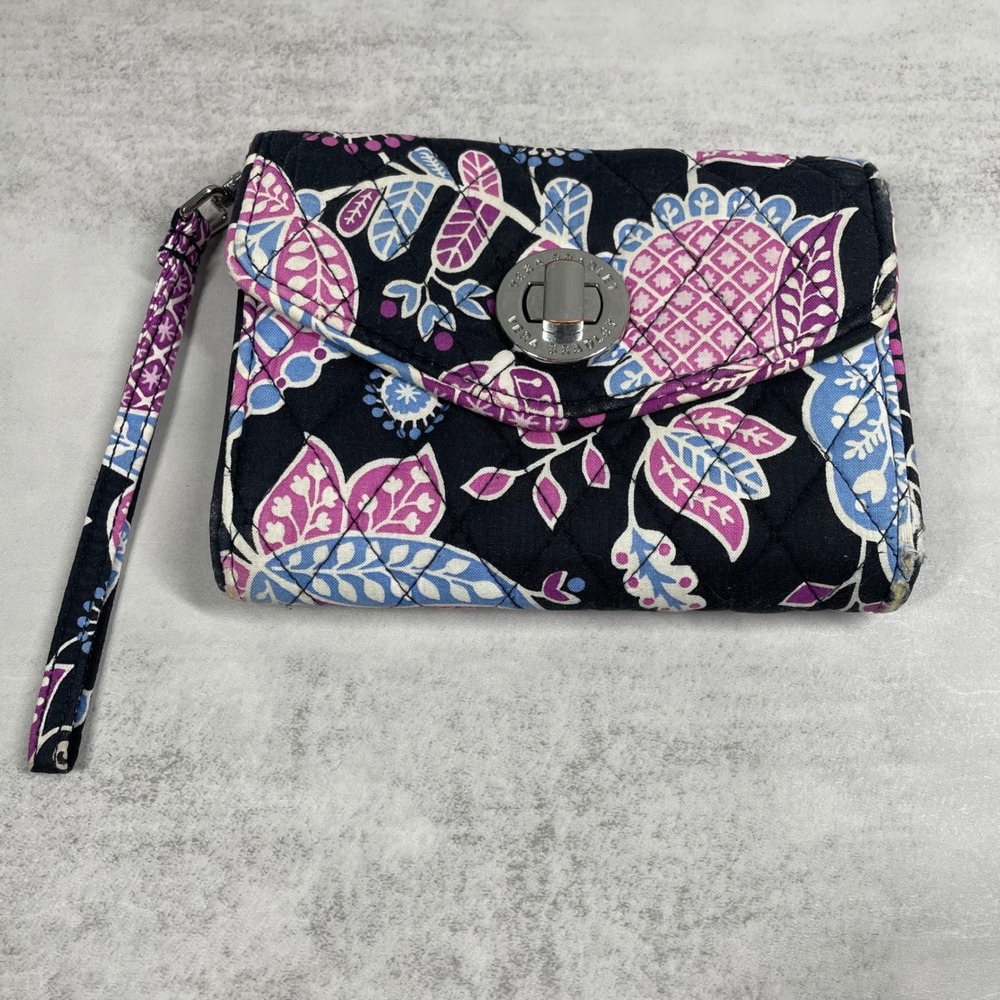 Vera Bradley Wristlet Wallet Womens Floral Quilted Turnlock Plaid Black Pink